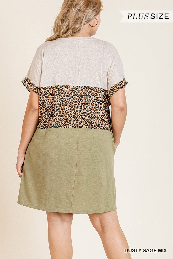 Linen Blend Short Folded Sleeve Animal Print Colorblocked V-neck Dress With Pockets - Deals Kiosk