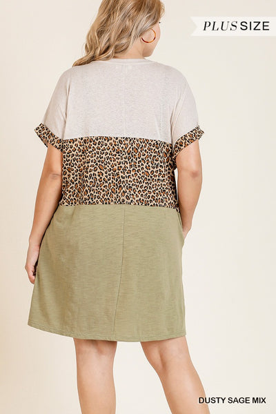 Linen Blend Short Folded Sleeve Animal Print Colorblocked V-neck Dress With Pockets - Deals Kiosk