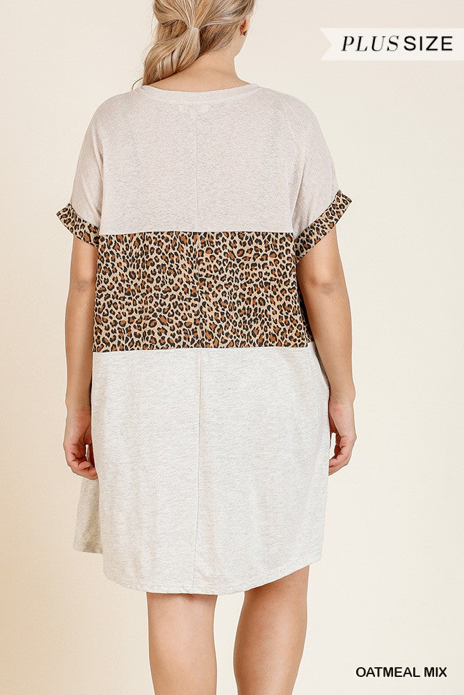 Linen Blend Short Folded Sleeve Animal Print Colorblocked V-neck Dress With Pockets - Deals Kiosk