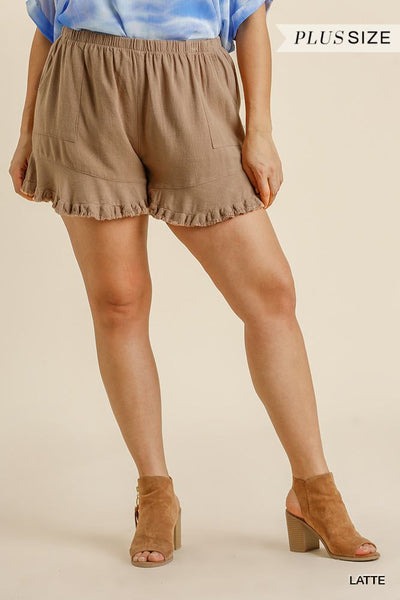 Linen Blend Elastic Waist Ruffle Hem Shorts With Pockets - Deals Kiosk