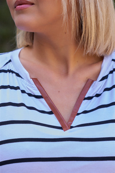 Plus White & Black Stripped V-neck With Vegan Leather Detail Short Roll Up Sleeve Relaxed Fit Top - Deals Kiosk