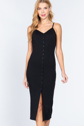 Fron Button Slit Rib Cami Midi Dress - Deals Kiosk
