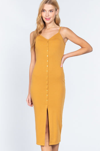 Fron Button Slit Rib Cami Midi Dress - Deals Kiosk