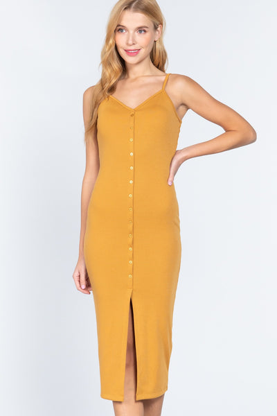 Fron Button Slit Rib Cami Midi Dress - Deals Kiosk