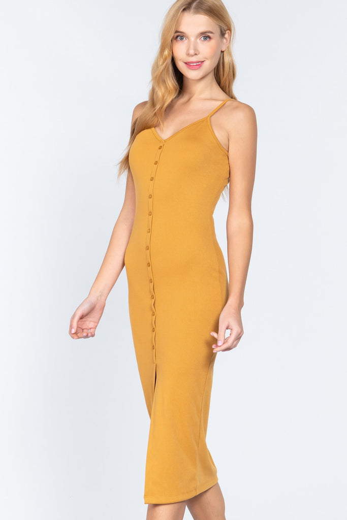 Fron Button Slit Rib Cami Midi Dress - Deals Kiosk