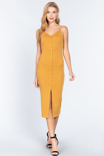 Fron Button Slit Rib Cami Midi Dress - Deals Kiosk