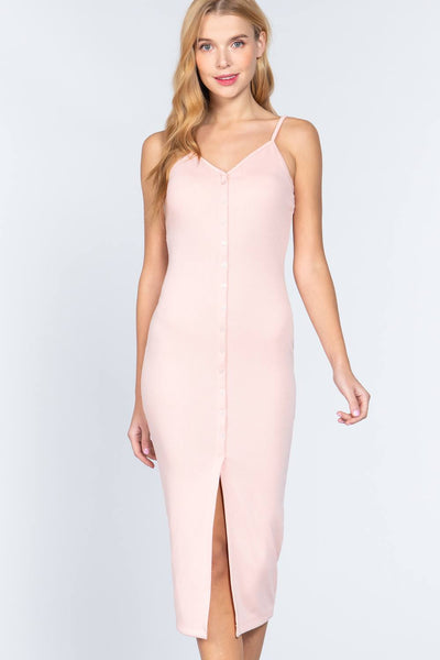 Fron Button Slit Rib Cami Midi Dress - Deals Kiosk