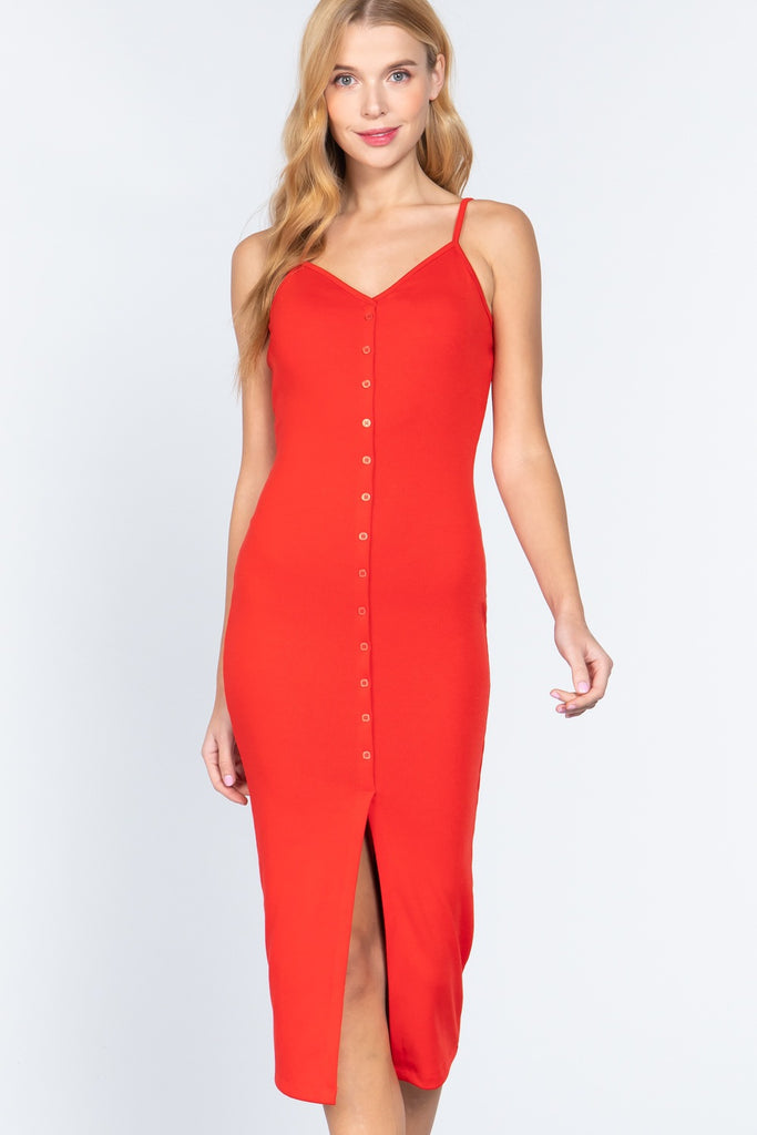 Fron Button Slit Rib Cami Midi Dress - Deals Kiosk