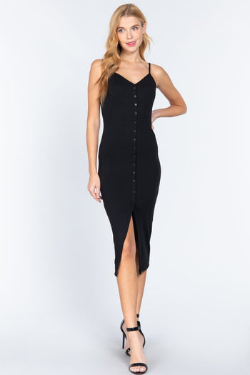 Fron Button Slit Rib Cami Midi Dress - Deals Kiosk