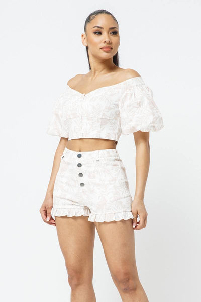 Cotton Off-shoulder Puff Sleeve Crop Top With Front Zipped Matching Shorts Set - Deals Kiosk