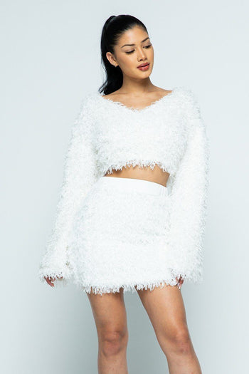 All Feather Fabric Top/all Feather Fabric Tight H-line Mini Skirt Set - Deals Kiosk