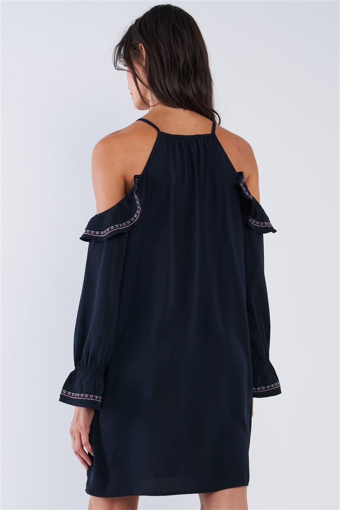 Black Boho Multicolor Traditional Slavic Inspired Floral Embroidery Loose Fit Ruffle Off-the-shoulder Long Sleeve Mini Dress - Deals Kiosk