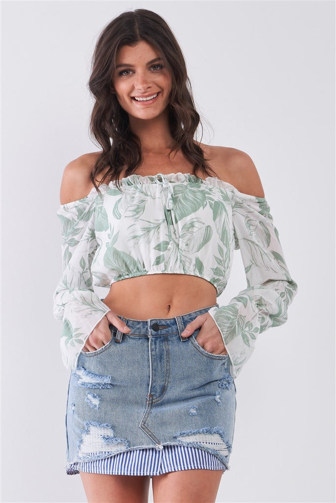 Leaf Print Off-the-shoulder Long Flounce Sleeve Self-tie Front Cropped Top - Deals Kiosk