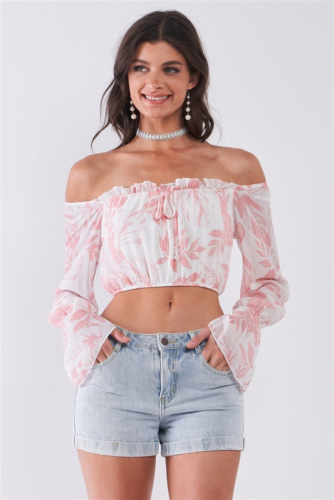 Leaf Print Off-the-shoulder Long Flounce Sleeve Self-tie Front Cropped Top - Deals Kiosk