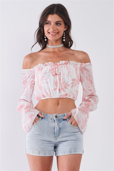 Leaf Print Off-the-shoulder Long Flounce Sleeve Self-tie Front Cropped Top - Deals Kiosk