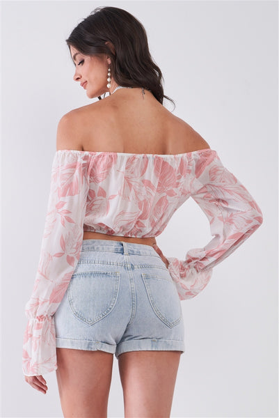 Leaf Print Off-the-shoulder Long Flounce Sleeve Self-tie Front Cropped Top - Deals Kiosk