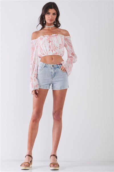 Leaf Print Off-the-shoulder Long Flounce Sleeve Self-tie Front Cropped Top - Deals Kiosk