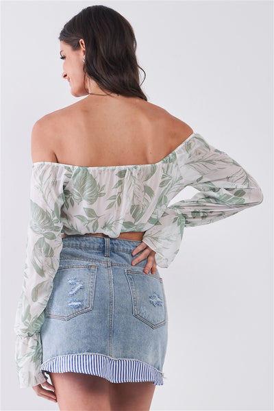 Leaf Print Off-the-shoulder Long Flounce Sleeve Self-tie Front Cropped Top - Deals Kiosk