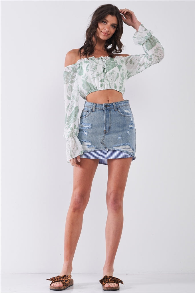 Leaf Print Off-the-shoulder Long Flounce Sleeve Self-tie Front Cropped Top - Deals Kiosk