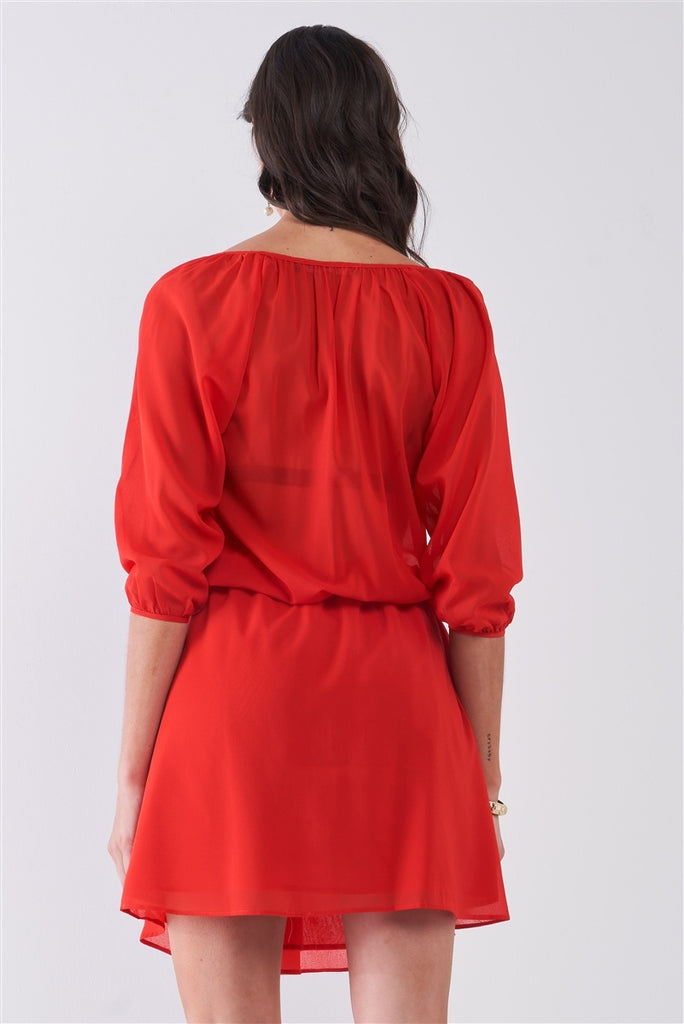 Flame Red Boat Neck Ruffle Collar Midi Sleeve Self-tie Waist Front Button Down Mini Dress - Deals Kiosk
