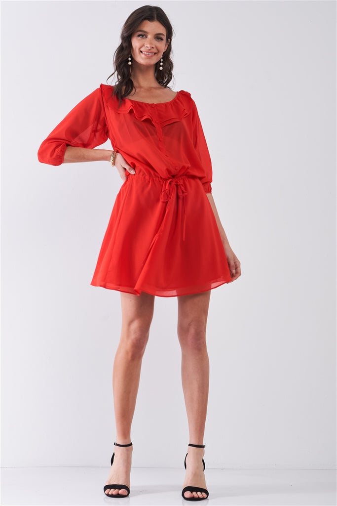 Flame Red Boat Neck Ruffle Collar Midi Sleeve Self-tie Waist Front Button Down Mini Dress - Deals Kiosk
