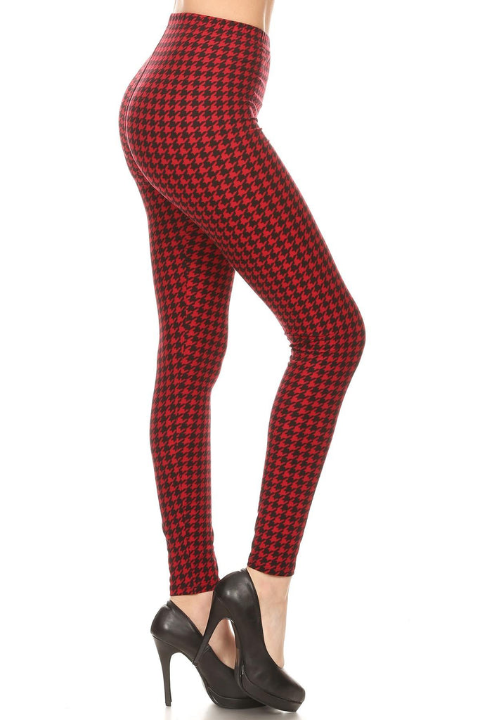 Hounds Tooth Print, High Rise, Fitted Leggings, With An Elastic Waistband - Deals Kiosk