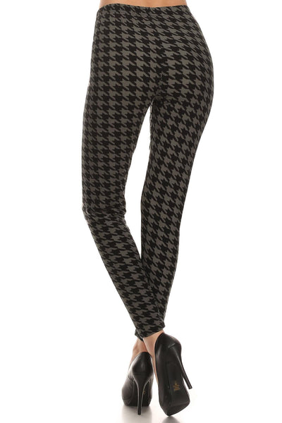 High Waisted Hound Tooth Printed Knit Legging With Elastic Waistband - Deals Kiosk