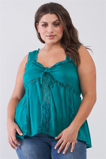 Plus Lace Trim Sleeveless Gathered Front With Self-tie Drawstring Top - Deals Kiosk