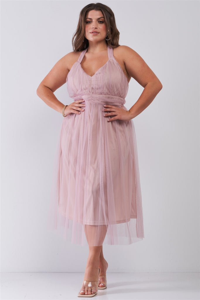 Plus Halter Neck Sleeveless Mesh High-waisted Midi Dress - Deals Kiosk
