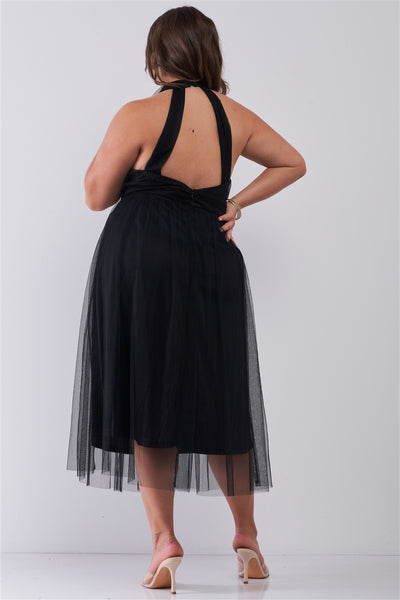 Plus Halter Neck Sleeveless Mesh High-waisted Midi Dress - Deals Kiosk