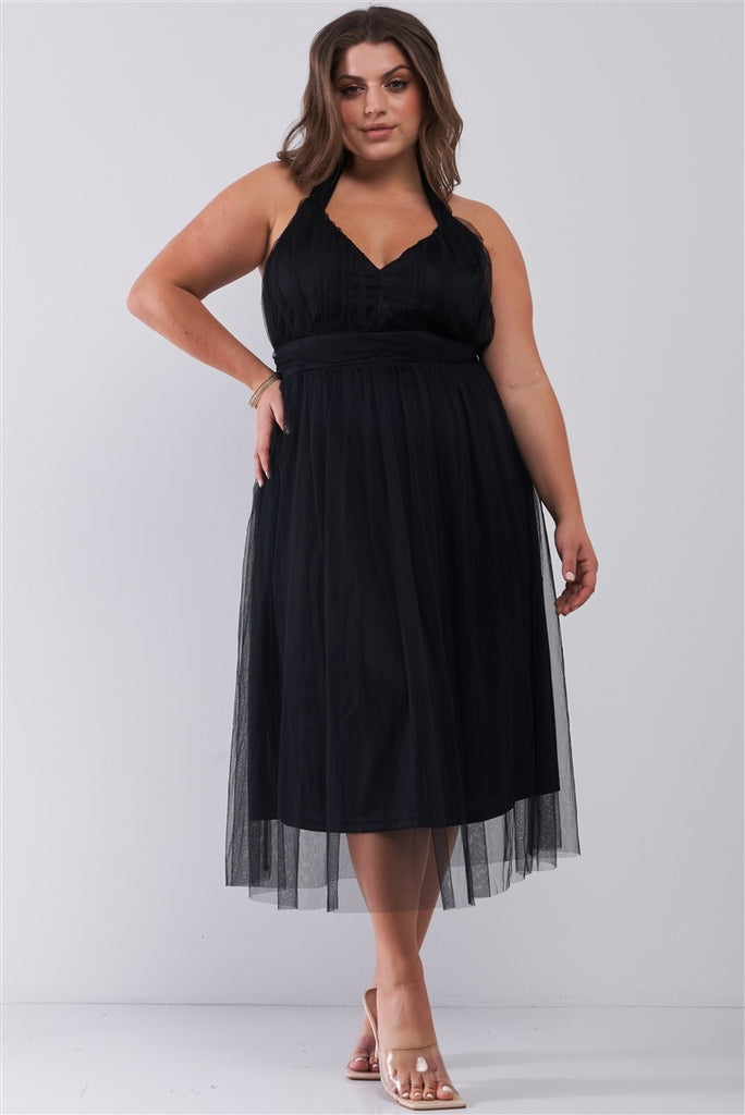 Plus Halter Neck Sleeveless Mesh High-waisted Midi Dress - Deals Kiosk