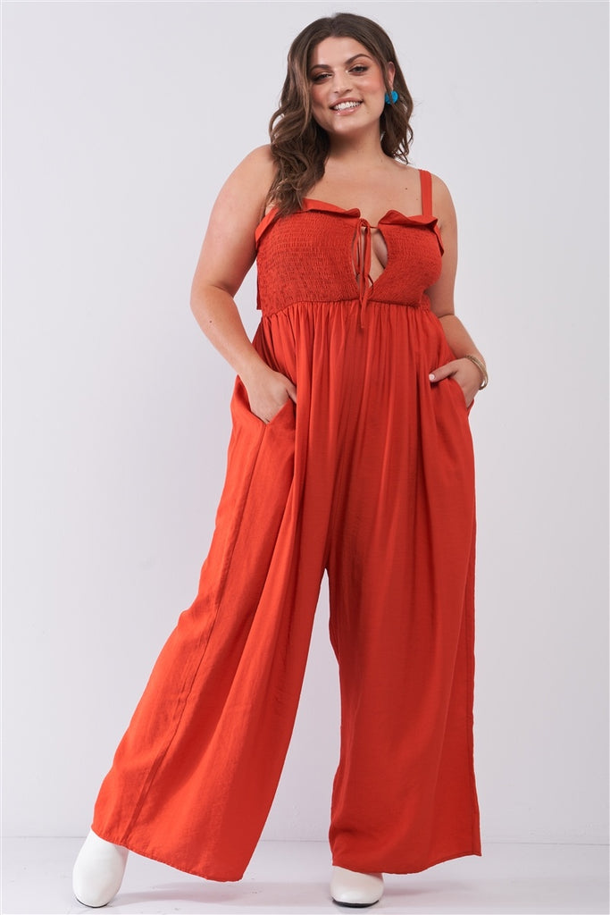 Plus Red Sleeveless Smocked Self-tie Neckline High-waisted Very Wide Leg Jumpsuit - Deals Kiosk