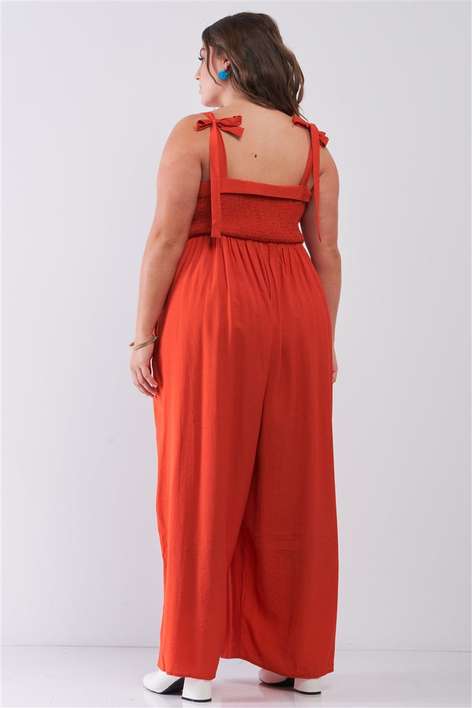 Plus Red Sleeveless Smocked Self-tie Neckline High-waisted Very Wide Leg Jumpsuit - Deals Kiosk
