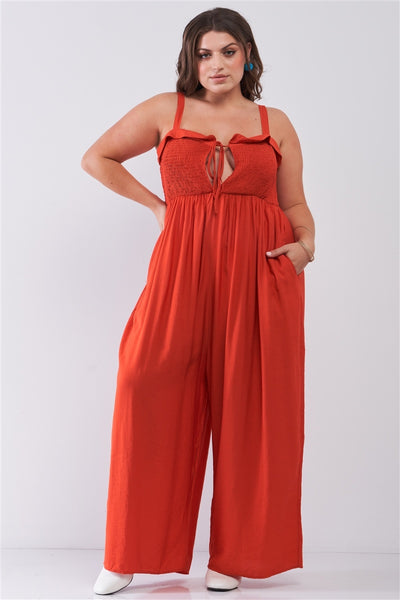 Plus Red Sleeveless Smocked Self-tie Neckline High-waisted Very Wide Leg Jumpsuit - Deals Kiosk