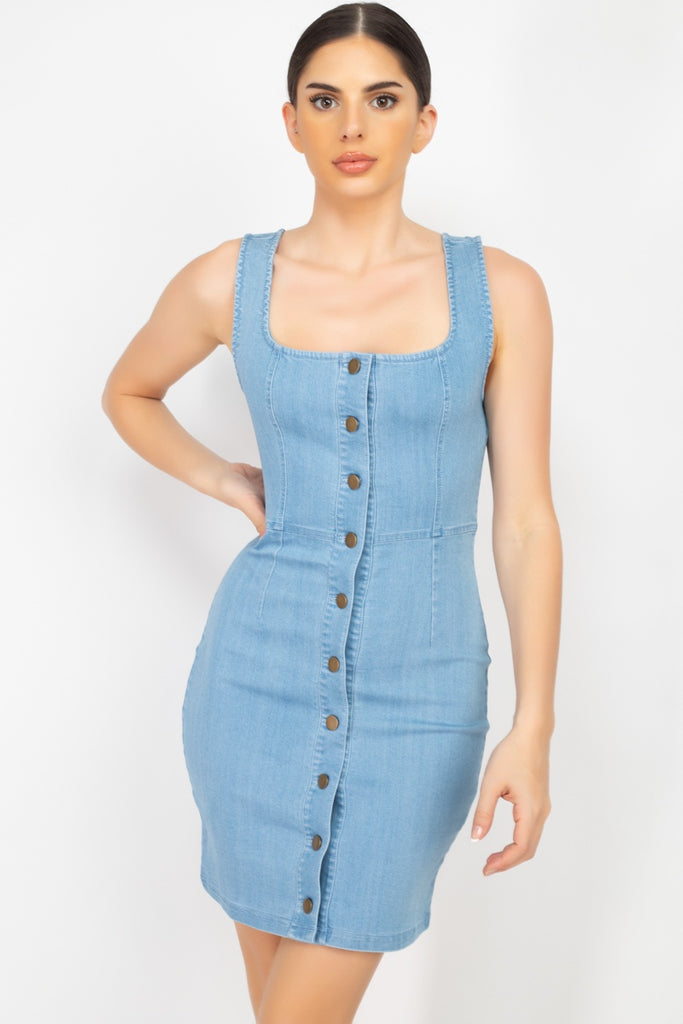 Denim Button-front Mini Dress - Deals Kiosk