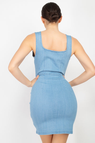 Denim Button-front Mini Dress - Deals Kiosk