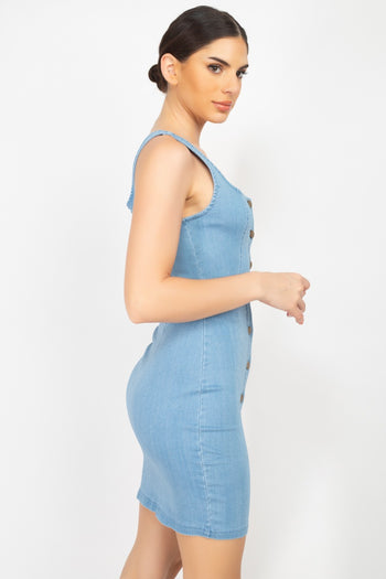 Denim Button-front Mini Dress - Deals Kiosk