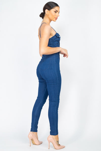 Adjustable Button-down Denim Jumpsuit - Deals Kiosk