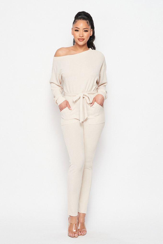 Off Shoulder Waist Tie Long Sleeve Jumpsuit - Deals Kiosk