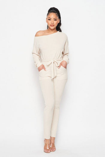 Off Shoulder Waist Tie Long Sleeve Jumpsuit - Deals Kiosk