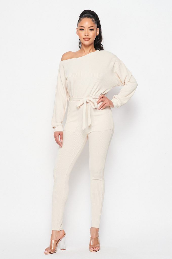 Off Shoulder Waist Tie Long Sleeve Jumpsuit - Deals Kiosk