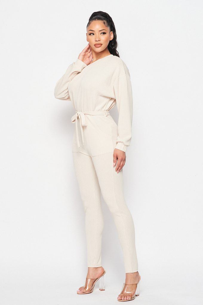 Off Shoulder Waist Tie Long Sleeve Jumpsuit - Deals Kiosk
