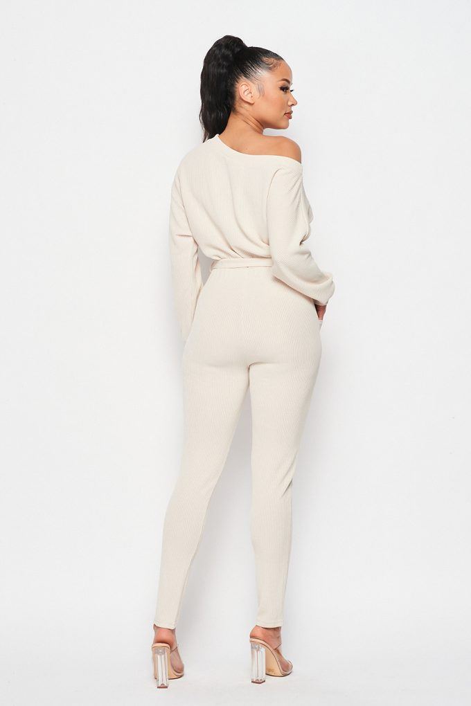 Off Shoulder Waist Tie Long Sleeve Jumpsuit - Deals Kiosk