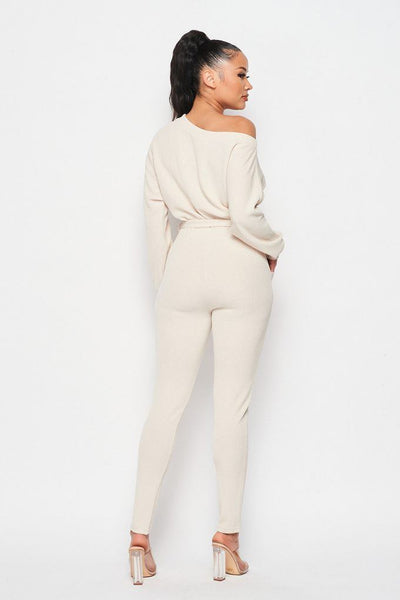 Off Shoulder Waist Tie Long Sleeve Jumpsuit - Deals Kiosk