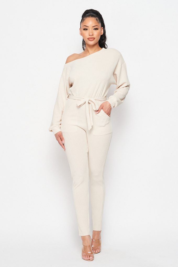 Off Shoulder Waist Tie Long Sleeve Jumpsuit - Deals Kiosk