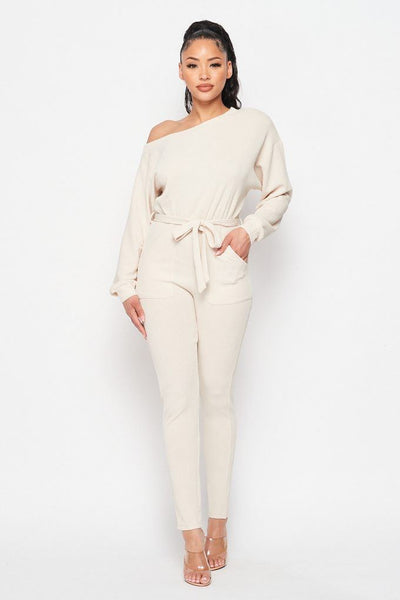 Off Shoulder Waist Tie Long Sleeve Jumpsuit - Deals Kiosk