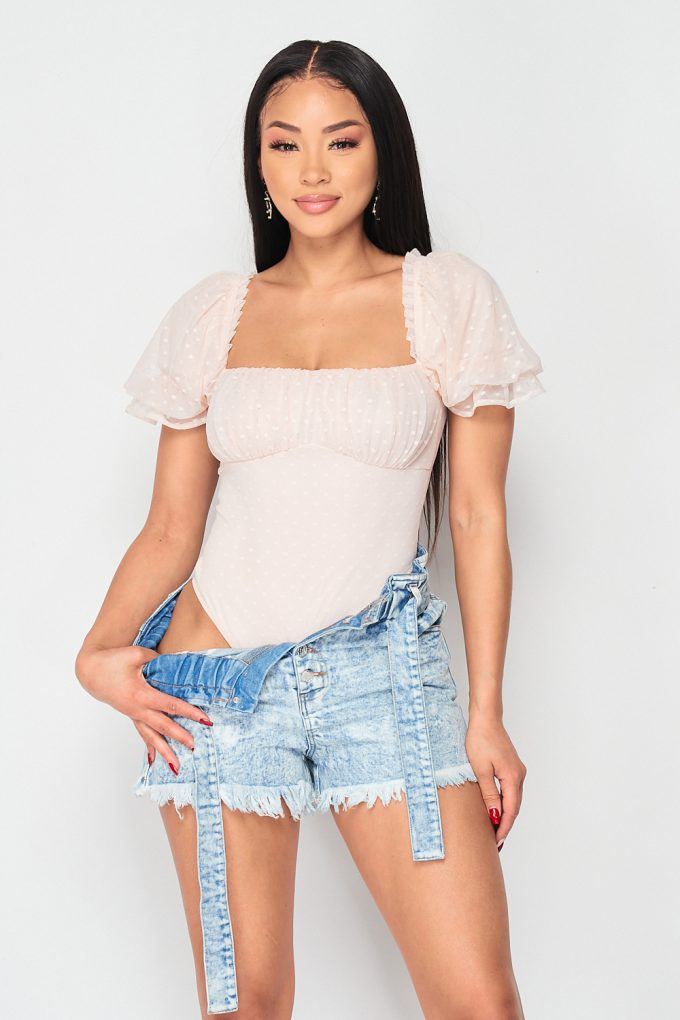 Luxe Polkadot Stretch Mesh Puff Sleeve Bodysuit - Deals Kiosk