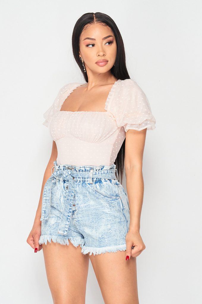 Luxe Polkadot Stretch Mesh Puff Sleeve Bodysuit - Deals Kiosk