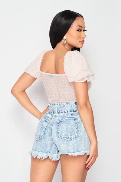Luxe Polkadot Stretch Mesh Puff Sleeve Bodysuit - Deals Kiosk