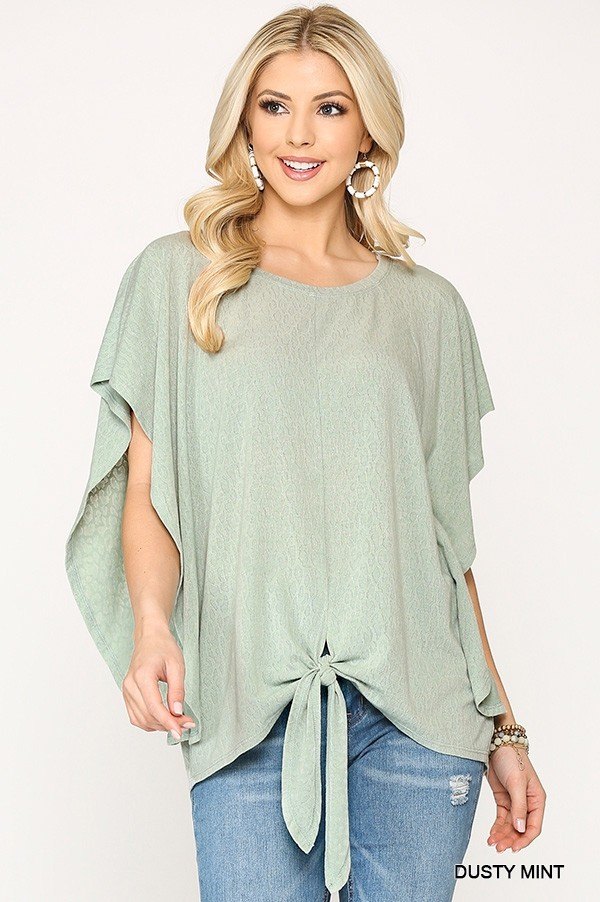 Leopard Jacquard Knit Jersey Top With Front Tie, Ruffled Sleeve - Deals Kiosk